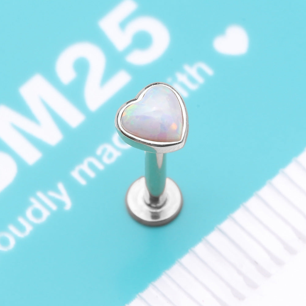 Detail View 3 of 14 Karat White Gold OneFit Threadless Heart Fire Opal Sparkle Flat Back Stud Labret-White Opal