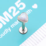 Detail View 3 of 14 Karat White Gold OneFit Threadless Heart Fire Opal Sparkle Flat Back Stud Labret-White Opal