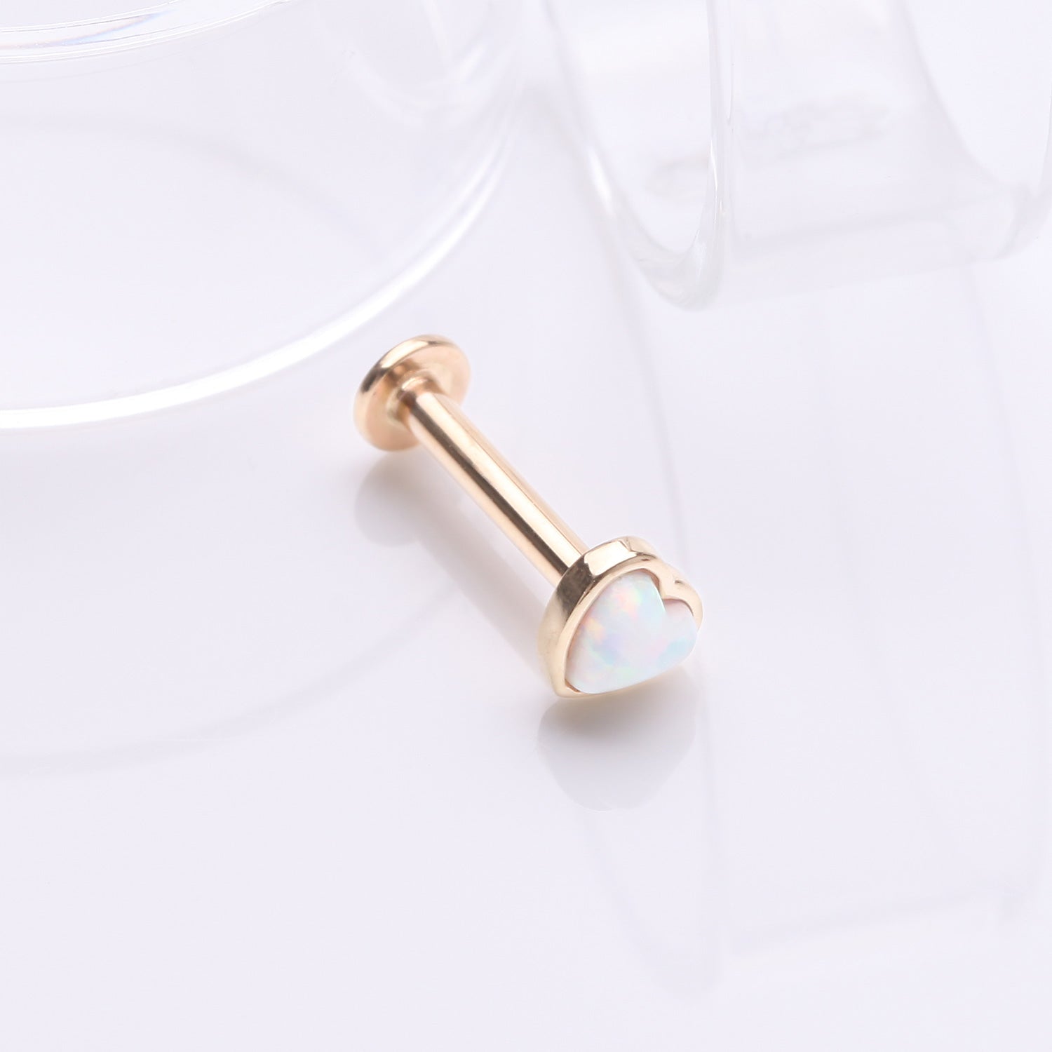 Detail View 1 of 14 Karat Gold OneFit Threadless Heart Fire Opal Sparkle Flat Back Stud Labret-White Opal