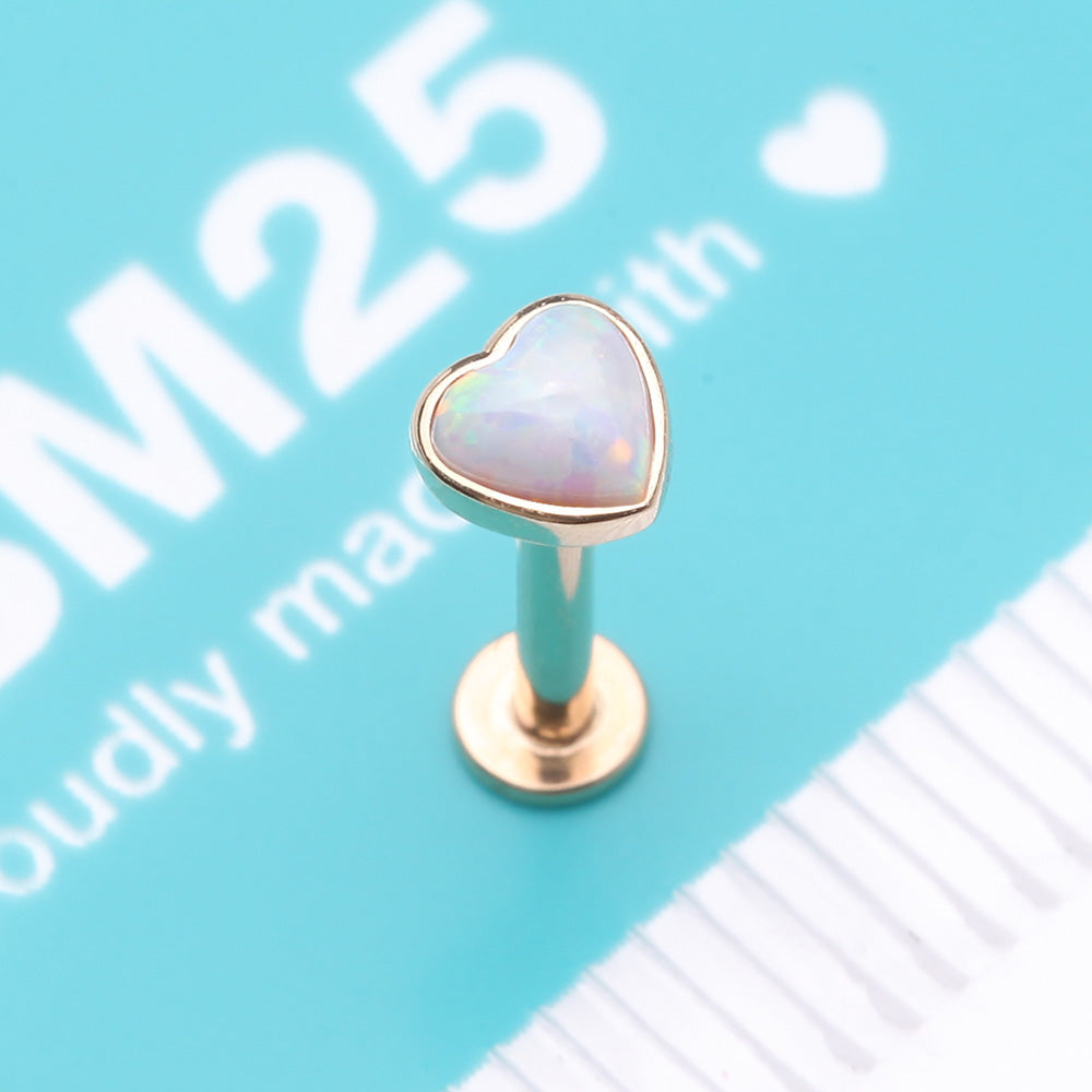 Detail View 3 of 14 Karat Gold OneFit Threadless Heart Fire Opal Sparkle Flat Back Stud Labret-White Opal