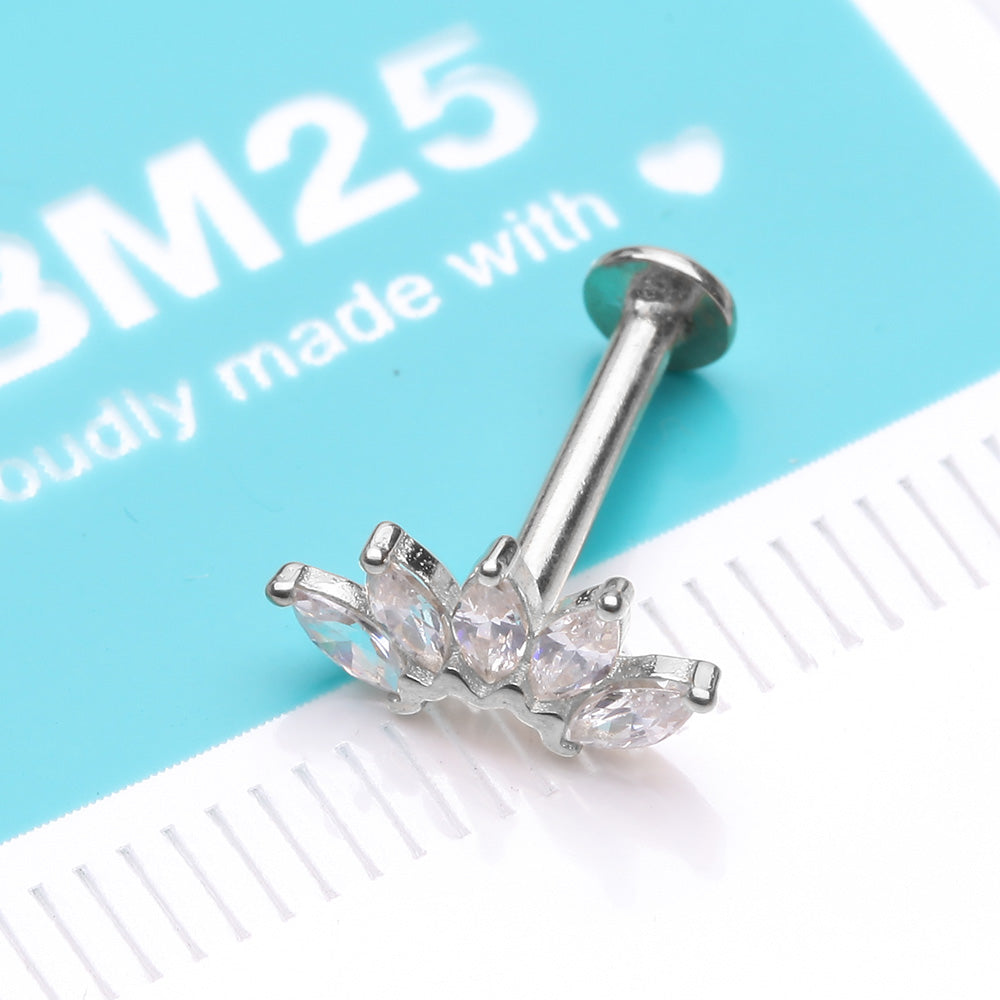 Detail View 2 of 14 Karat White Gold OneFit Threadless Brilliant Marquise Sparkle Flower Flat Back Stud Labret-Clear Gem