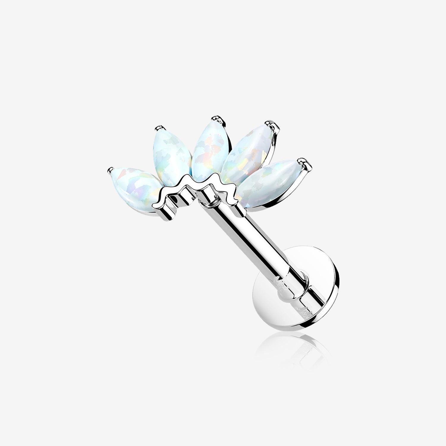 14 Karat White Gold OneFit Threadless Brilliant Marquise Fire Opal Flower Flat Back Stud Labret-White Opal