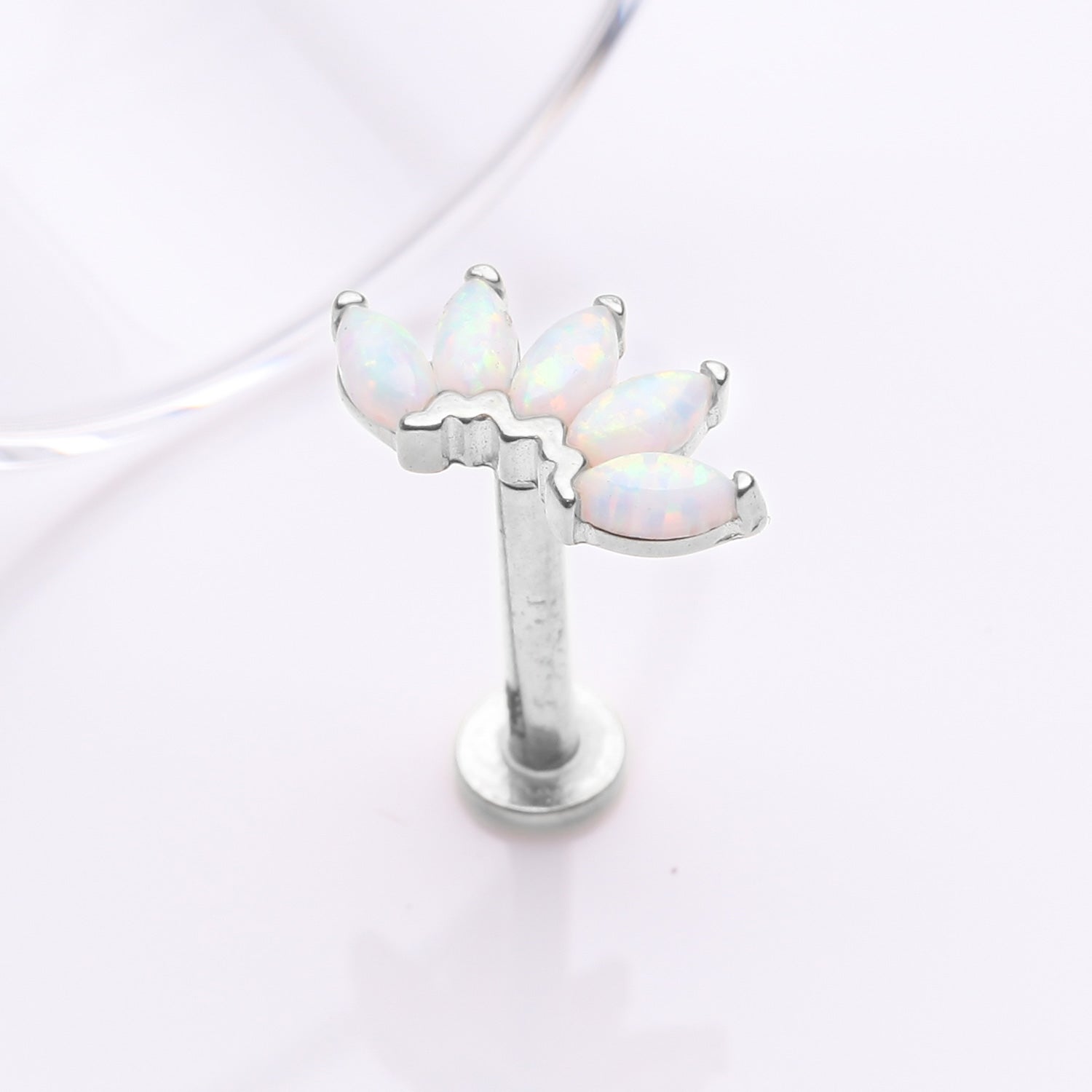 Detail View 1 of 14 Karat White Gold OneFit Threadless Brilliant Marquise Fire Opal Flower Flat Back Stud Labret-White Opal