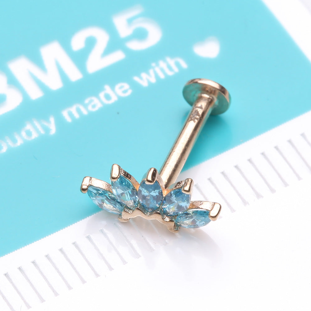 Detail View 2 of 14 Karat Gold OneFit Threadless Brilliant Marquise Sparkle Flower Flat Back Stud Labret-Aqua