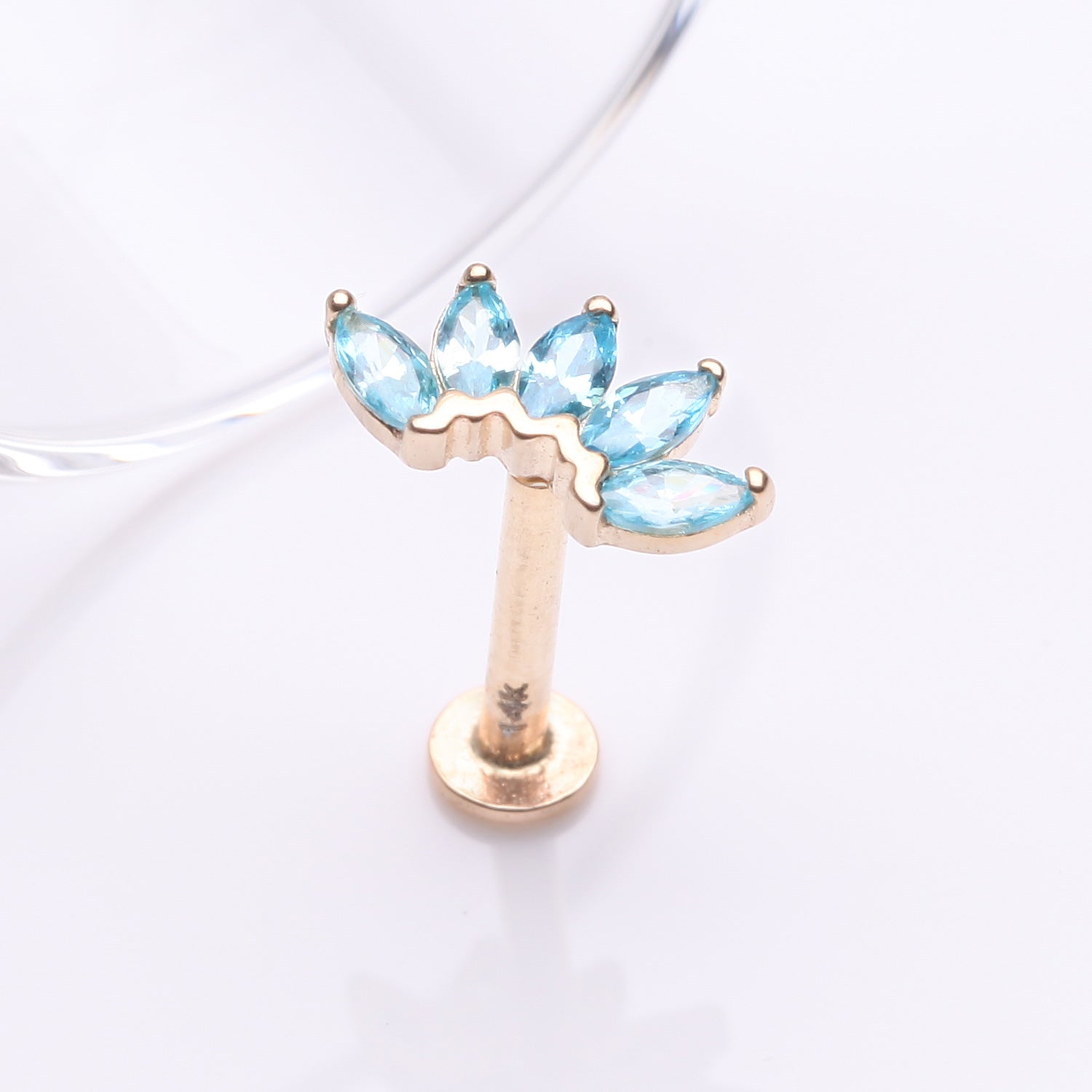 Detail View 1 of 14 Karat Gold OneFit Threadless Brilliant Marquise Sparkle Flower Flat Back Stud Labret-Aqua