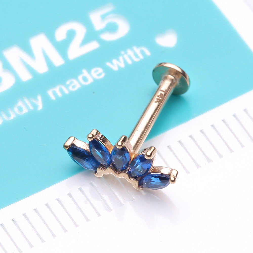 Detail View 2 of 14 Karat Gold OneFit Threadless Brilliant Marquise Sparkle Flower Flat Back Stud Labret-Blue