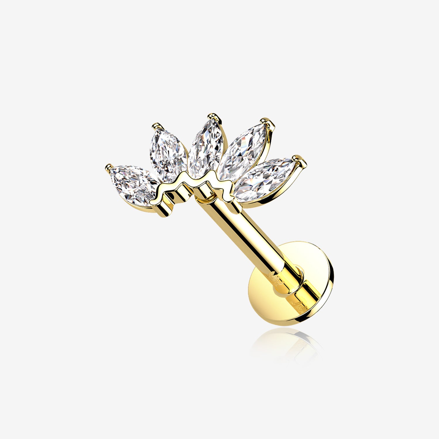 14 Karat Gold OneFit Threadless Brilliant Marquise Sparkle Flower Flat Back Stud Labret-Clear Gem