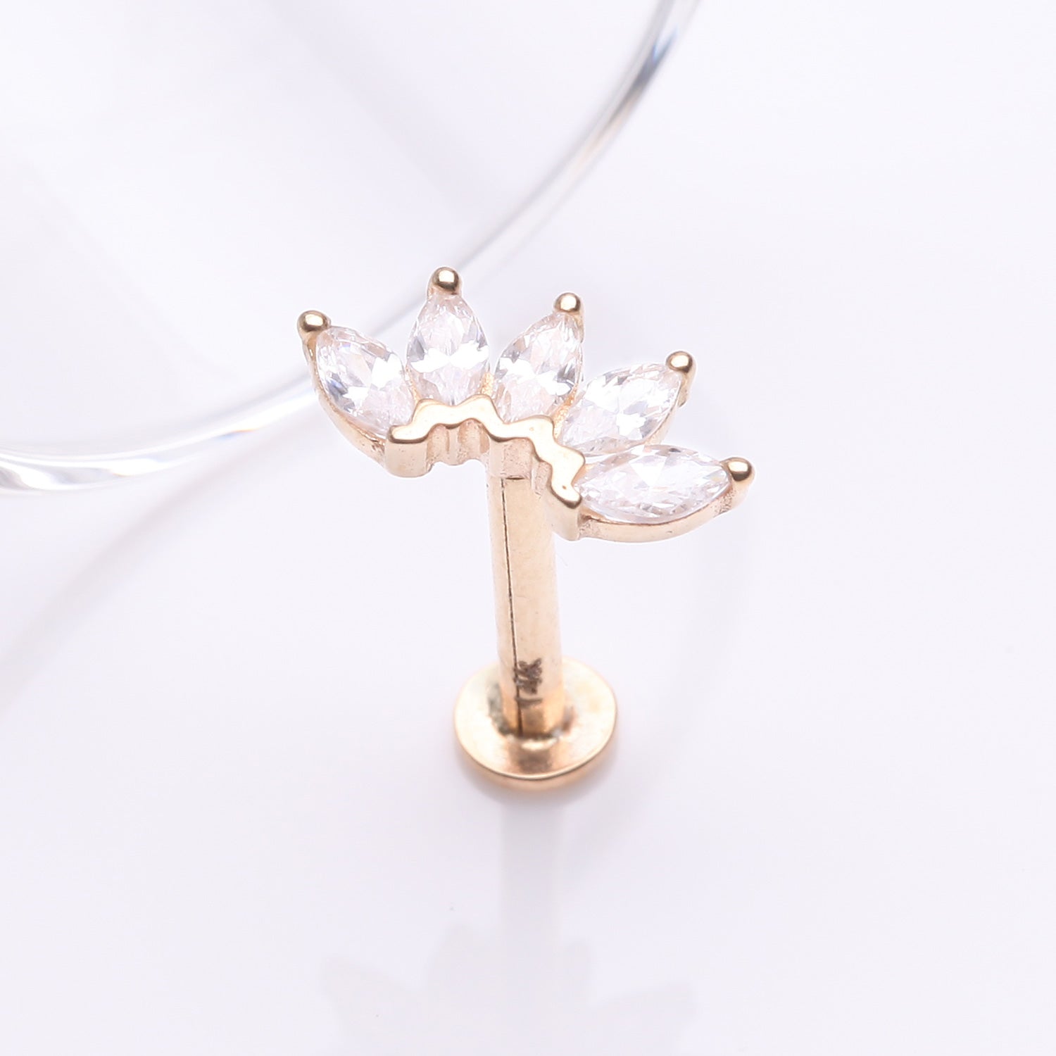 Detail View 1 of 14 Karat Gold OneFit Threadless Brilliant Marquise Sparkle Flower Flat Back Stud Labret-Clear Gem