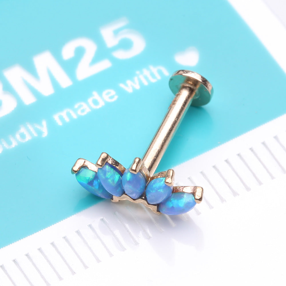 Detail View 2 of 14 Karat Gold OneFit Threadless Brilliant Marquise Fire Opal Flower Flat Back Stud Labret-Blue Opal