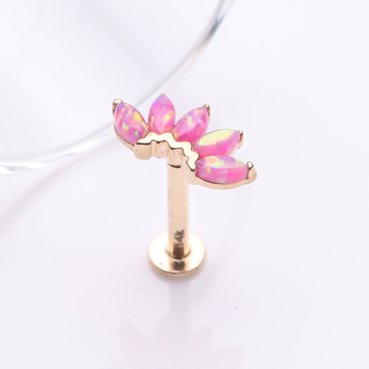 Detail View 1 of 14 Karat Gold OneFit Threadless Brilliant Marquise Fire Opal Flower Flat Back Stud Labret-Pink Opal