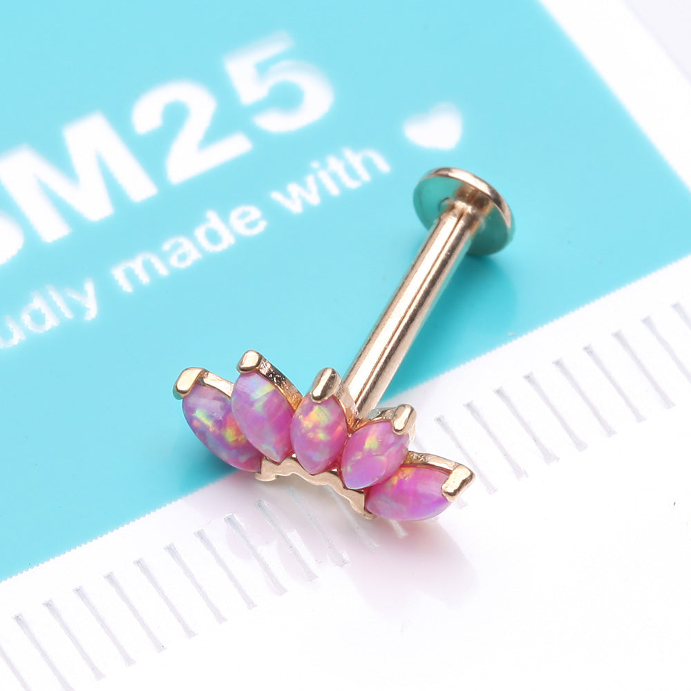 Detail View 2 of 14 Karat Gold OneFit Threadless Brilliant Marquise Fire Opal Flower Flat Back Stud Labret-Pink Opal