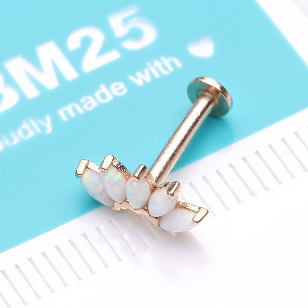 Detail View 2 of 14 Karat Gold OneFit Threadless Brilliant Marquise Fire Opal Flower Flat Back Stud Labret-White Opal
