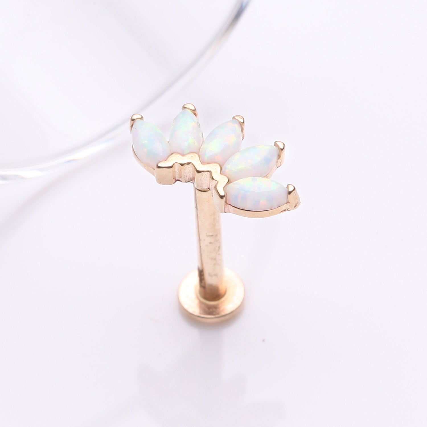 Detail View 1 of 14 Karat Gold OneFit Threadless Brilliant Marquise Fire Opal Flower Flat Back Stud Labret-White Opal