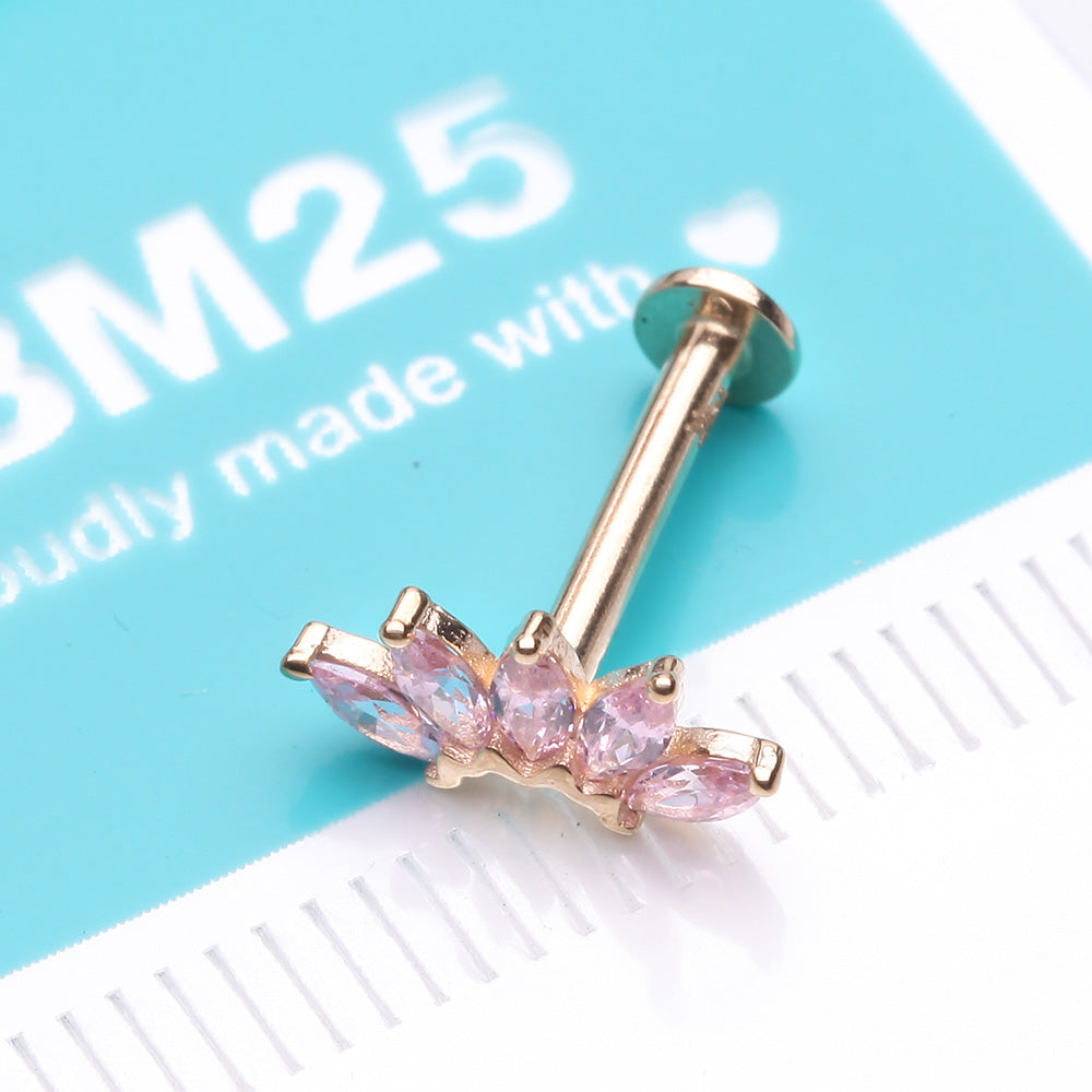 Detail View 2 of 14 Karat Gold OneFit Threadless Brilliant Marquise Sparkle Flower Flat Back Stud Labret-Pink