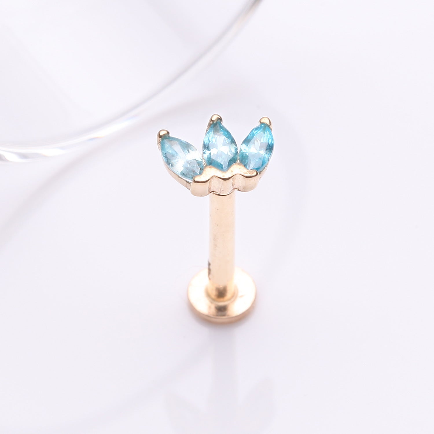Detail View 1 of 14 Karat Gold OneFit Threadless Triple Marquise Sparkle Flower Flat Back Stud Labret-Aqua
