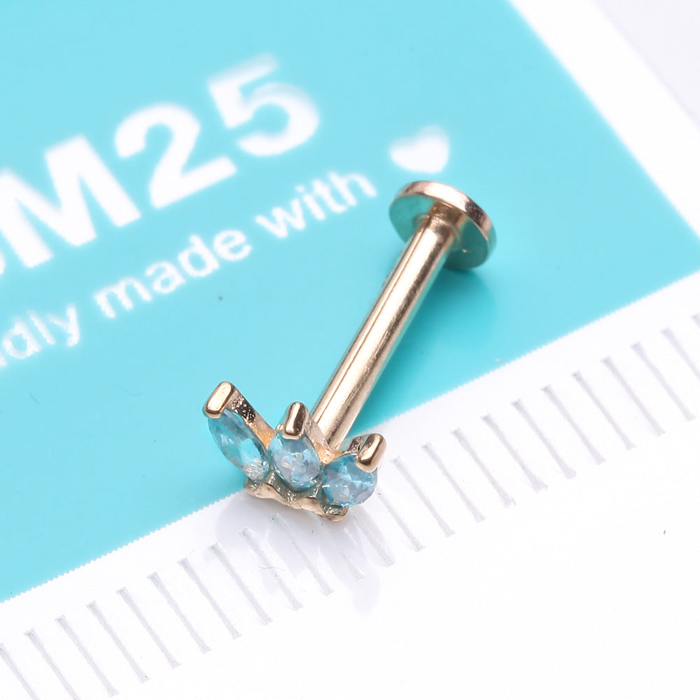 Detail View 2 of 14 Karat Gold OneFit Threadless Triple Marquise Sparkle Flower Flat Back Stud Labret-Aqua