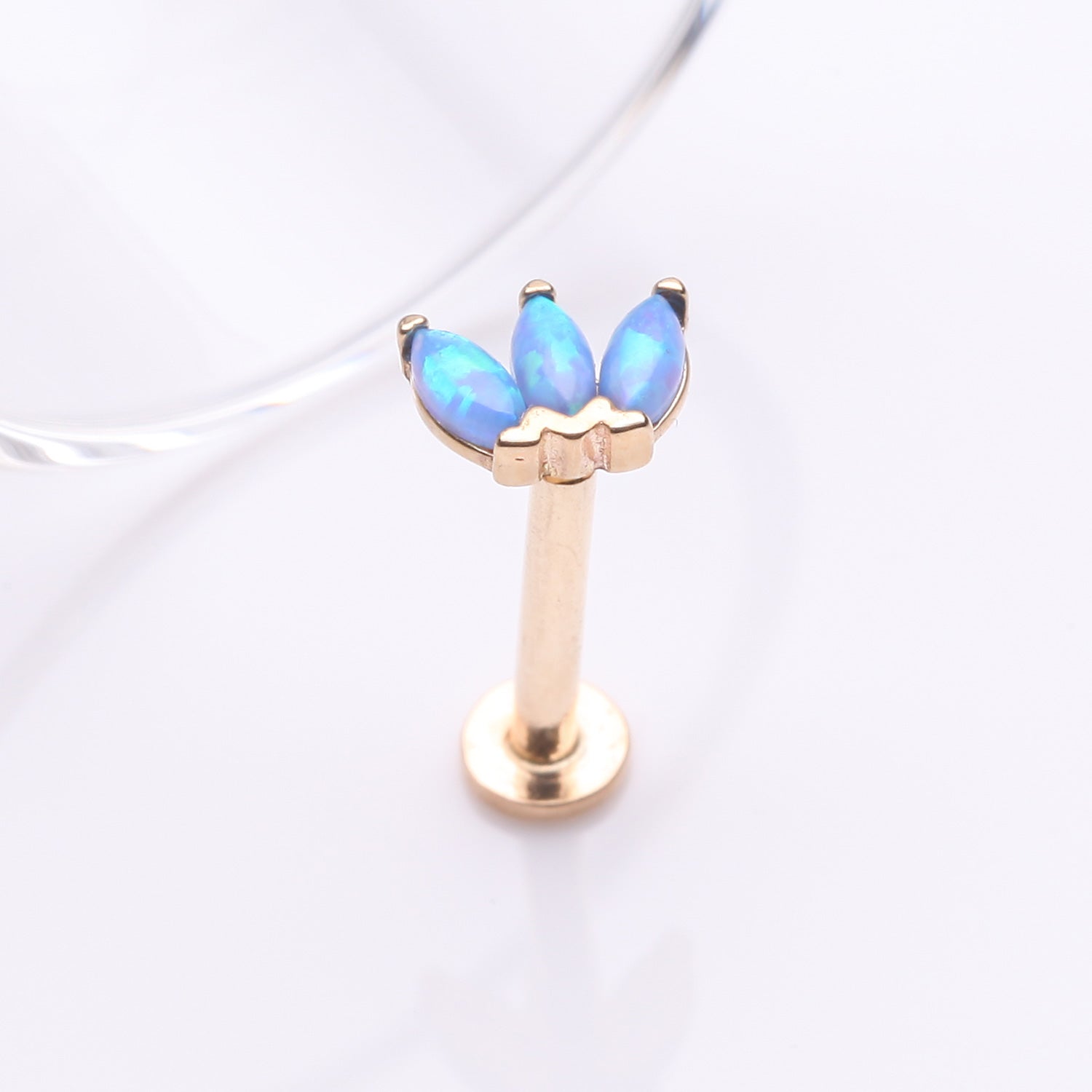 Detail View 1 of 14 Karat Gold OneFit Threadless Triple Marquise Fire Opal Flower Flat Back Stud Labret-Blue Opal