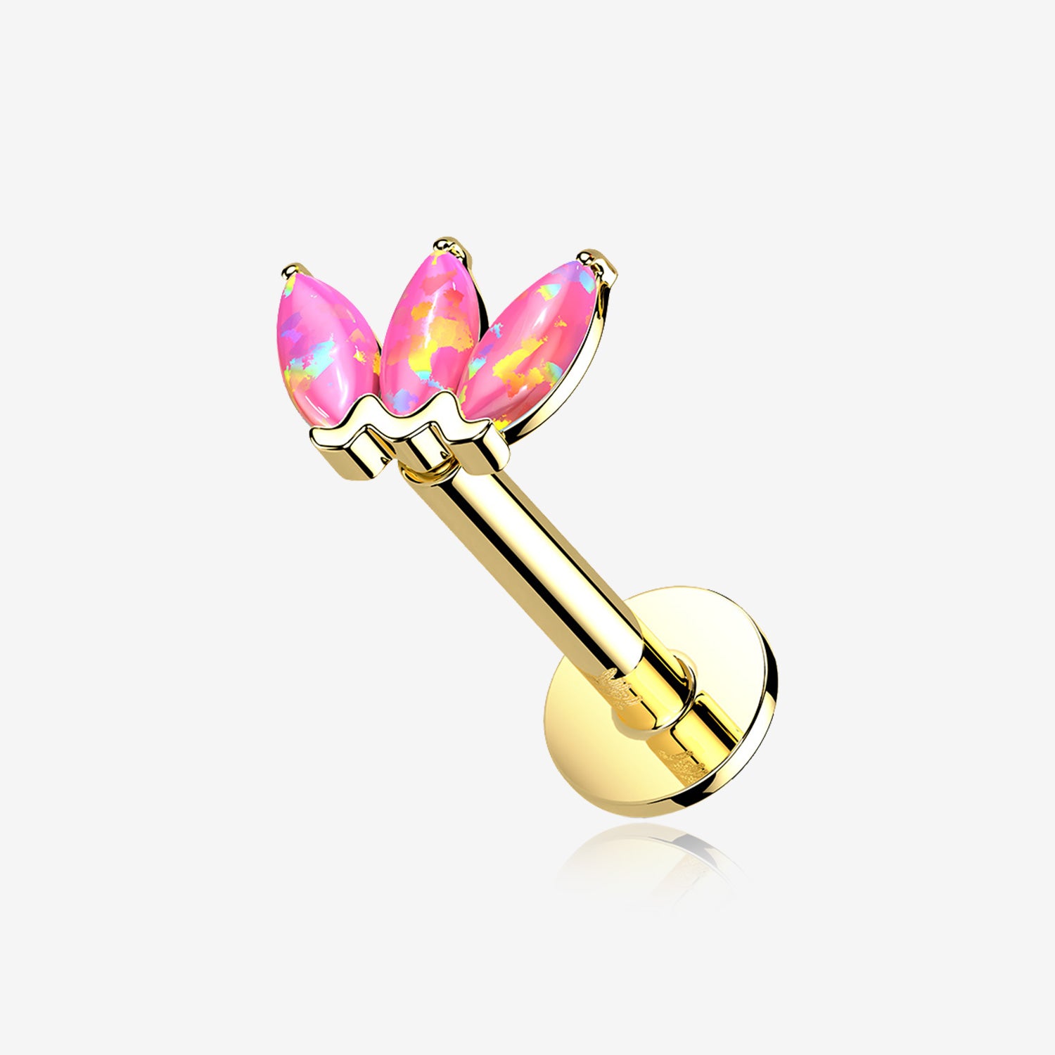 14 Karat Gold OneFit Threadless Triple Marquise Fire Opal Flower Flat Back Stud Labret-Pink Opal