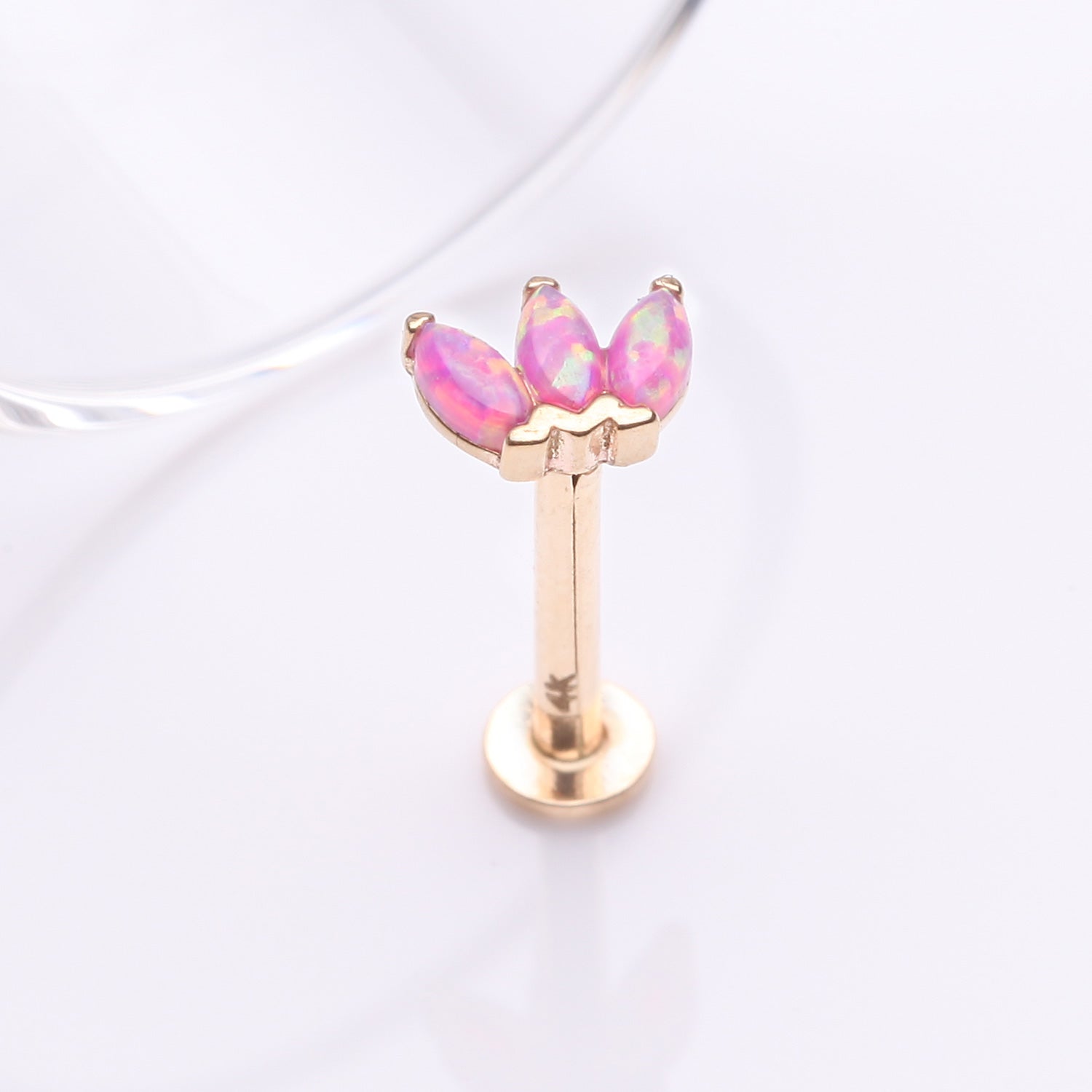Detail View 1 of 14 Karat Gold OneFit Threadless Triple Marquise Fire Opal Flower Flat Back Stud Labret-Pink Opal