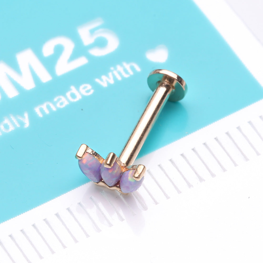 Detail View 2 of 14 Karat Gold OneFit Threadless Triple Marquise Fire Opal Flower Flat Back Stud Labret-Purple Opal