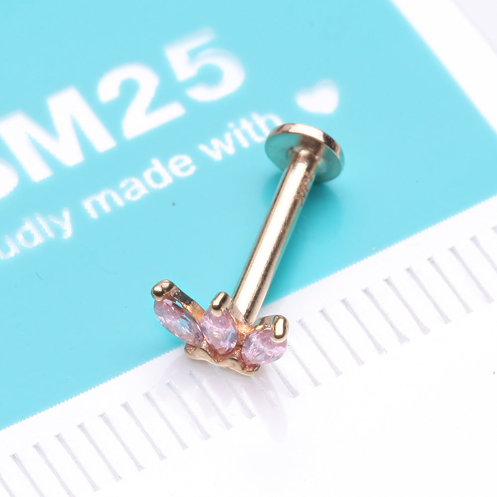 Detail View 2 of 14 Karat Gold OneFit Threadless Triple Marquise Sparkle Flower Flat Back Stud Labret-Pink