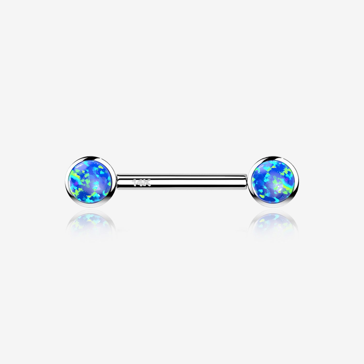 A Pair of 14 Karat White Gold OneFit Threadless Round Fire Opal Bezel Set Nipple Barbell-Blue Opal