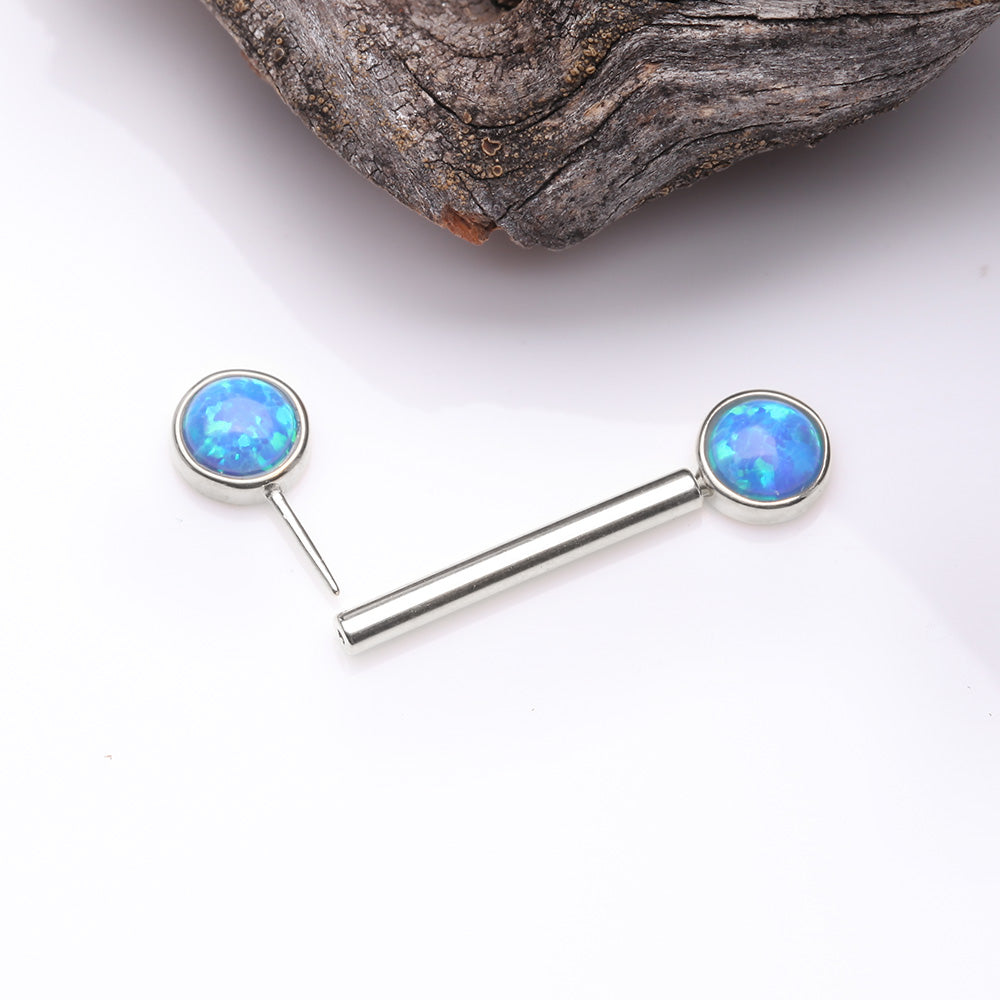 Detail View 2 of A Pair of 14 Karat White Gold OneFit Threadless Round Fire Opal Bezel Set Nipple Barbell-Blue Opal