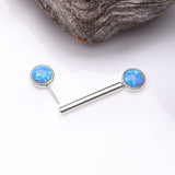 Detail View 2 of A Pair of 14 Karat White Gold OneFit Threadless Round Fire Opal Bezel Set Nipple Barbell-Blue Opal