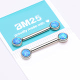 Detail View 3 of A Pair of 14 Karat White Gold OneFit Threadless Round Fire Opal Bezel Set Nipple Barbell-Blue Opal