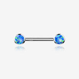 A Pair of 14 Karat White Gold OneFit Threadless Round Fire Opal Bezel Set Nipple Barbell