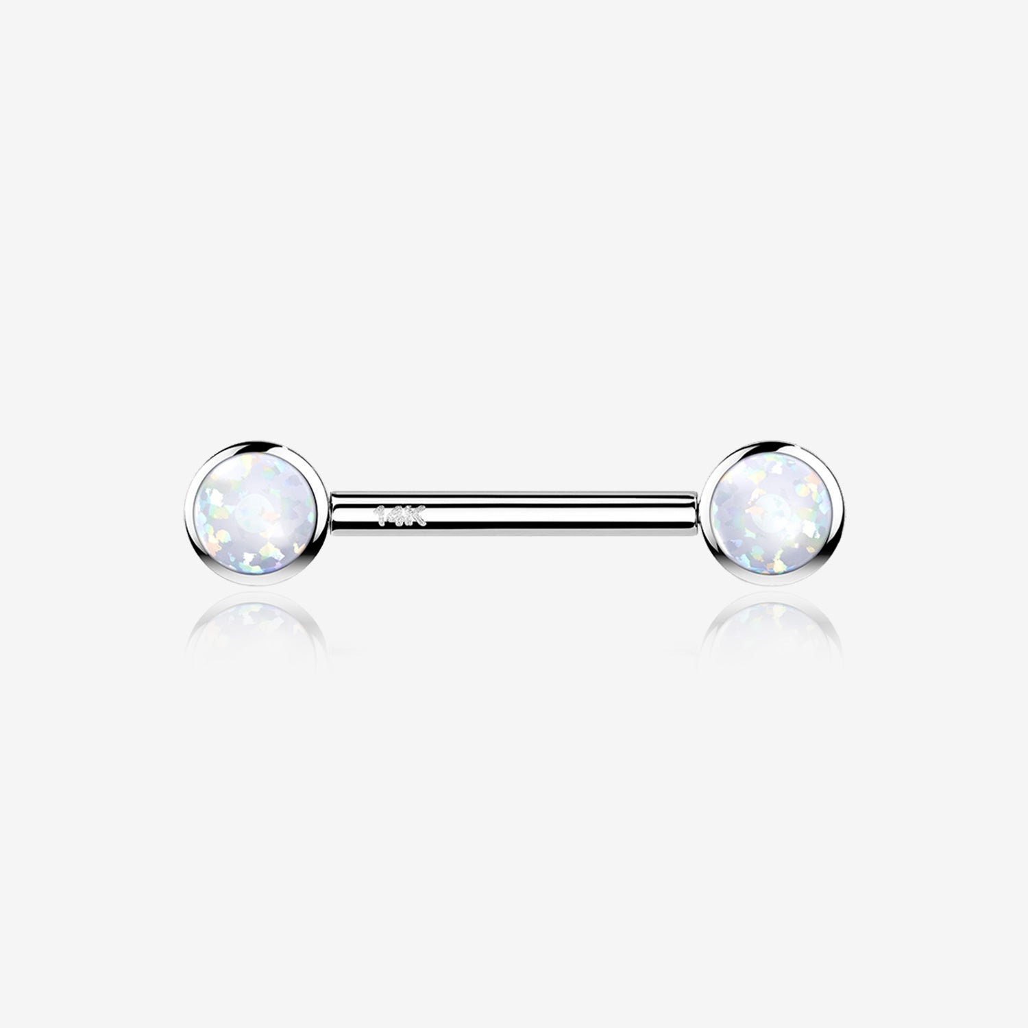 A Pair of 14 Karat White Gold OneFit Threadless Round Fire Opal Bezel Set Nipple Barbell-White Opal