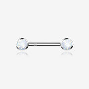 A Pair of 14 Karat White Gold OneFit Threadless Round Fire Opal Bezel Set Nipple Barbell