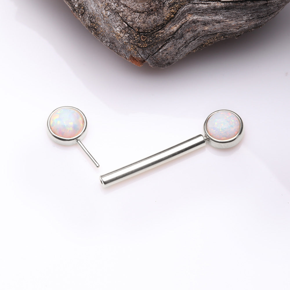 Detail View 2 of A Pair of 14 Karat White Gold OneFit Threadless Round Fire Opal Bezel Set Nipple Barbell-White Opal