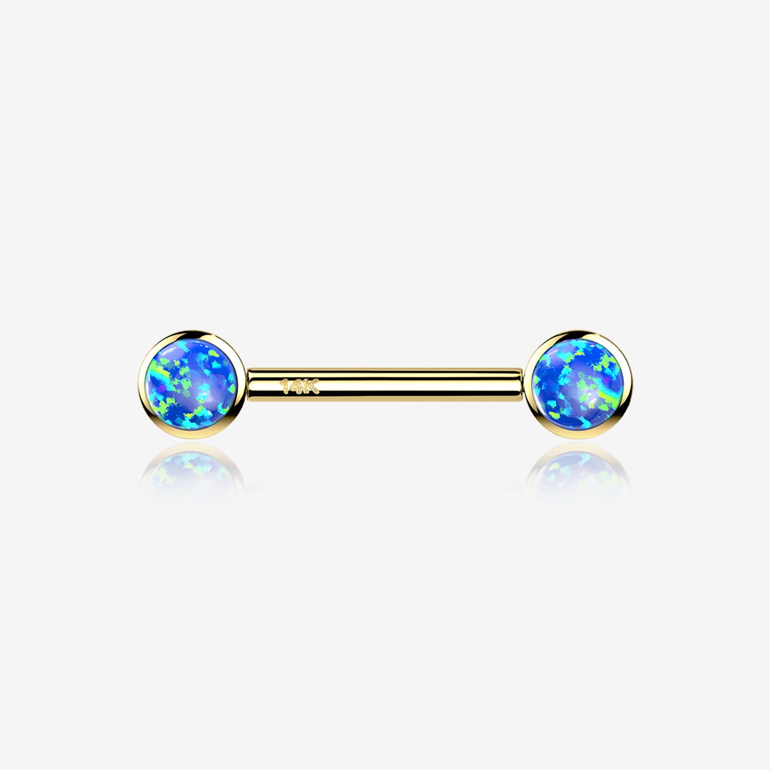 A Pair of 14 Karat Gold OneFit Threadless Round Fire Opal Bezel Set Nipple Barbell-Blue Opal