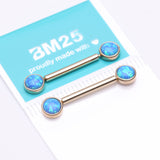 Detail View 3 of A Pair of 14 Karat Gold OneFit Threadless Round Fire Opal Bezel Set Nipple Barbell-Blue Opal