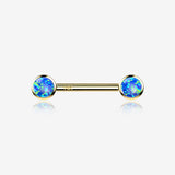A Pair of 14 Karat Gold OneFit Threadless Round Fire Opal Bezel Set Nipple Barbell