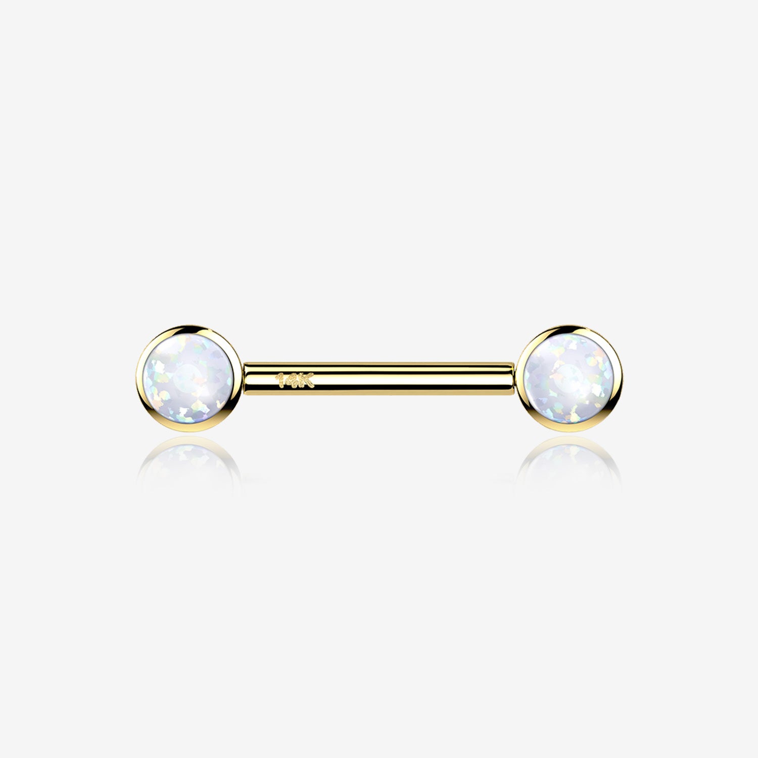 A Pair of 14 Karat Gold OneFit Threadless Round Fire Opal Bezel Set Nipple Barbell-White Opal