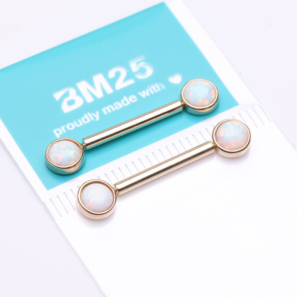 Detail View 3 of A Pair of 14 Karat Gold OneFit Threadless Round Fire Opal Bezel Set Nipple Barbell-White Opal
