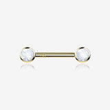 A Pair of 14 Karat Gold OneFit Threadless Round Fire Opal Bezel Set Nipple Barbell-White Opal