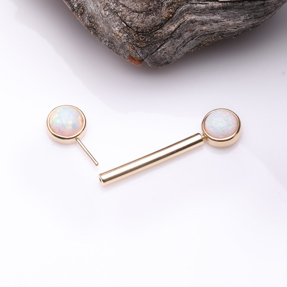 Detail View 2 of A Pair of 14 Karat Gold OneFit Threadless Round Fire Opal Bezel Set Nipple Barbell-White Opal