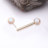 Detail View 2 of A Pair of 14 Karat Gold OneFit Threadless Round Fire Opal Bezel Set Nipple Barbell-White Opal