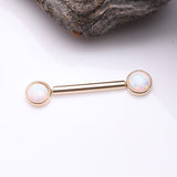 Detail View 1 of A Pair of 14 Karat Gold OneFit Threadless Round Fire Opal Bezel Set Nipple Barbell-White Opal