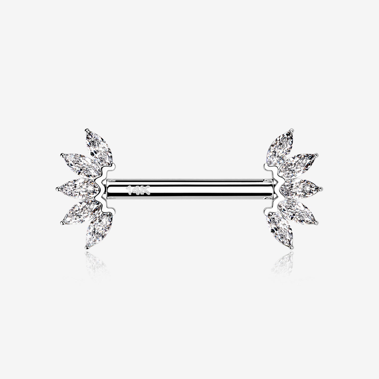 A Pair of 14 Karat White Gold OneFit Threadless Marquise Sparkle Floral Nipple Barbell-Clear Gem