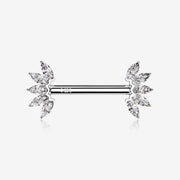 A Pair of 14 Karat White Gold OneFit Threadless Marquise Sparkle Floral Nipple Barbell