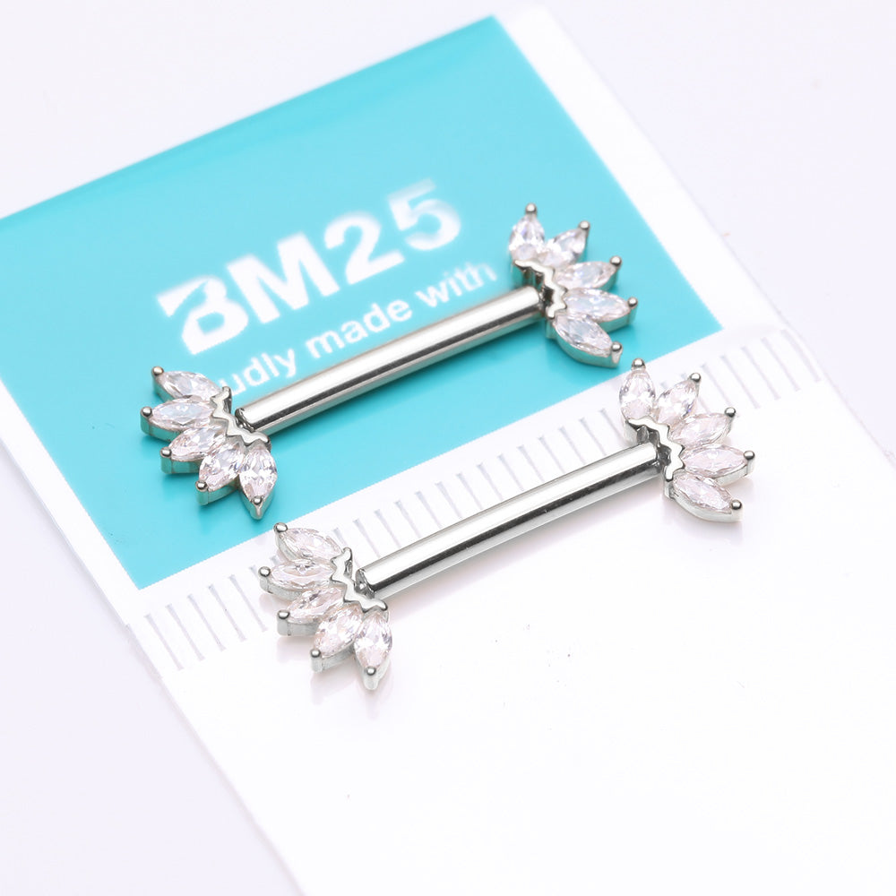 Detail View 3 of A Pair of 14 Karat White Gold OneFit Threadless Marquise Sparkle Floral Nipple Barbell-Clear Gem