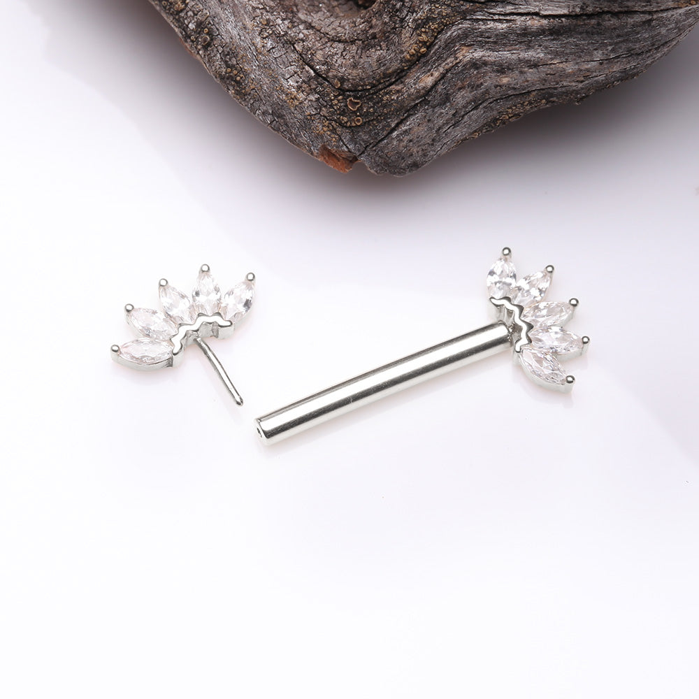 Detail View 2 of A Pair of 14 Karat White Gold OneFit Threadless Marquise Sparkle Floral Nipple Barbell-Clear Gem