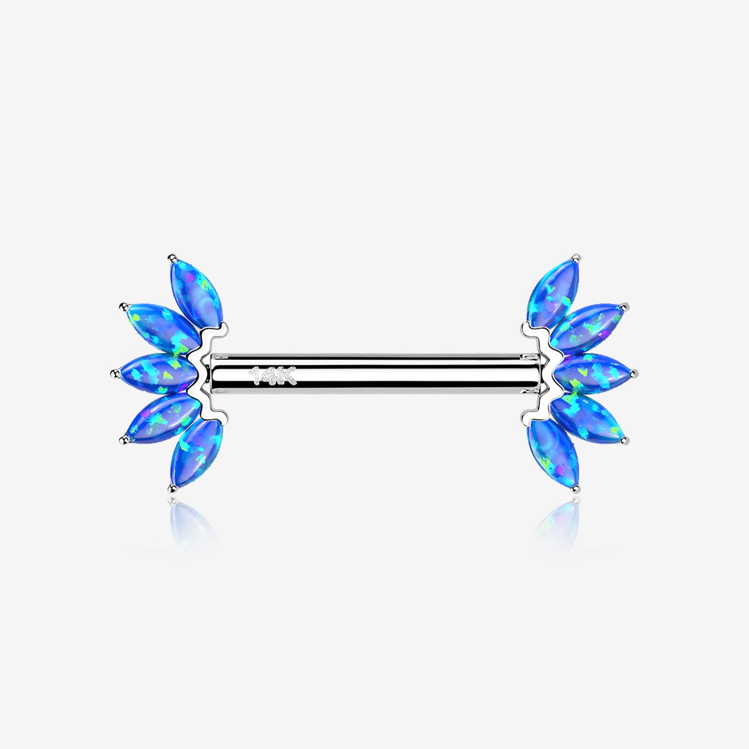 A Pair of 14 Karat White Gold OneFit Threadless Marquise Fire Opal Floral Nipple Barbell-Blue Opal