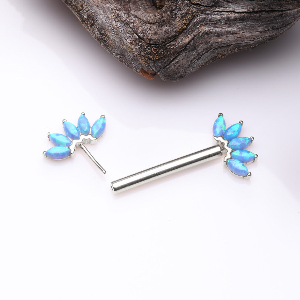 Detail View 2 of A Pair of 14 Karat White Gold OneFit Threadless Marquise Fire Opal Floral Nipple Barbell-Blue Opal