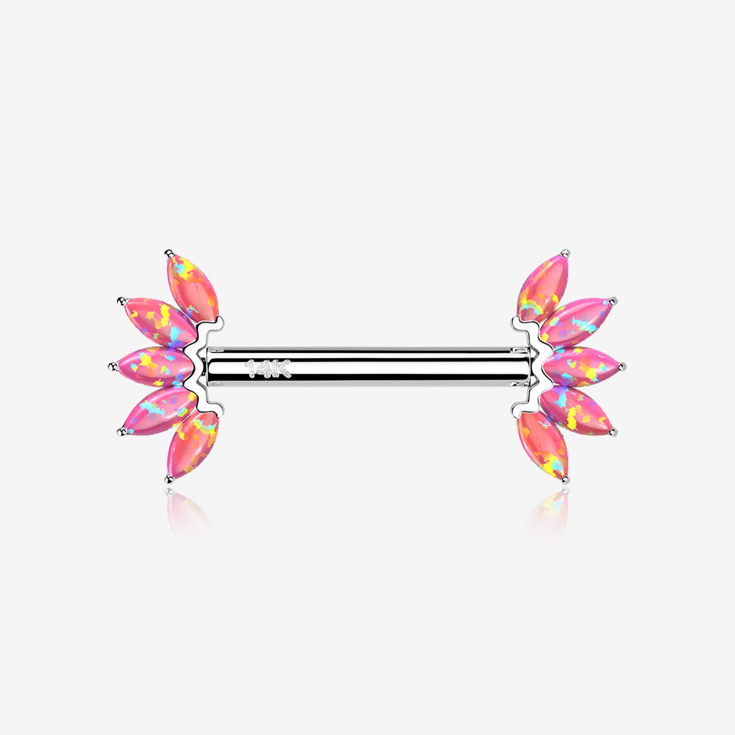 A Pair of 14 Karat White Gold OneFit Threadless Marquise Fire Opal Floral Nipple Barbell-Pink Opal