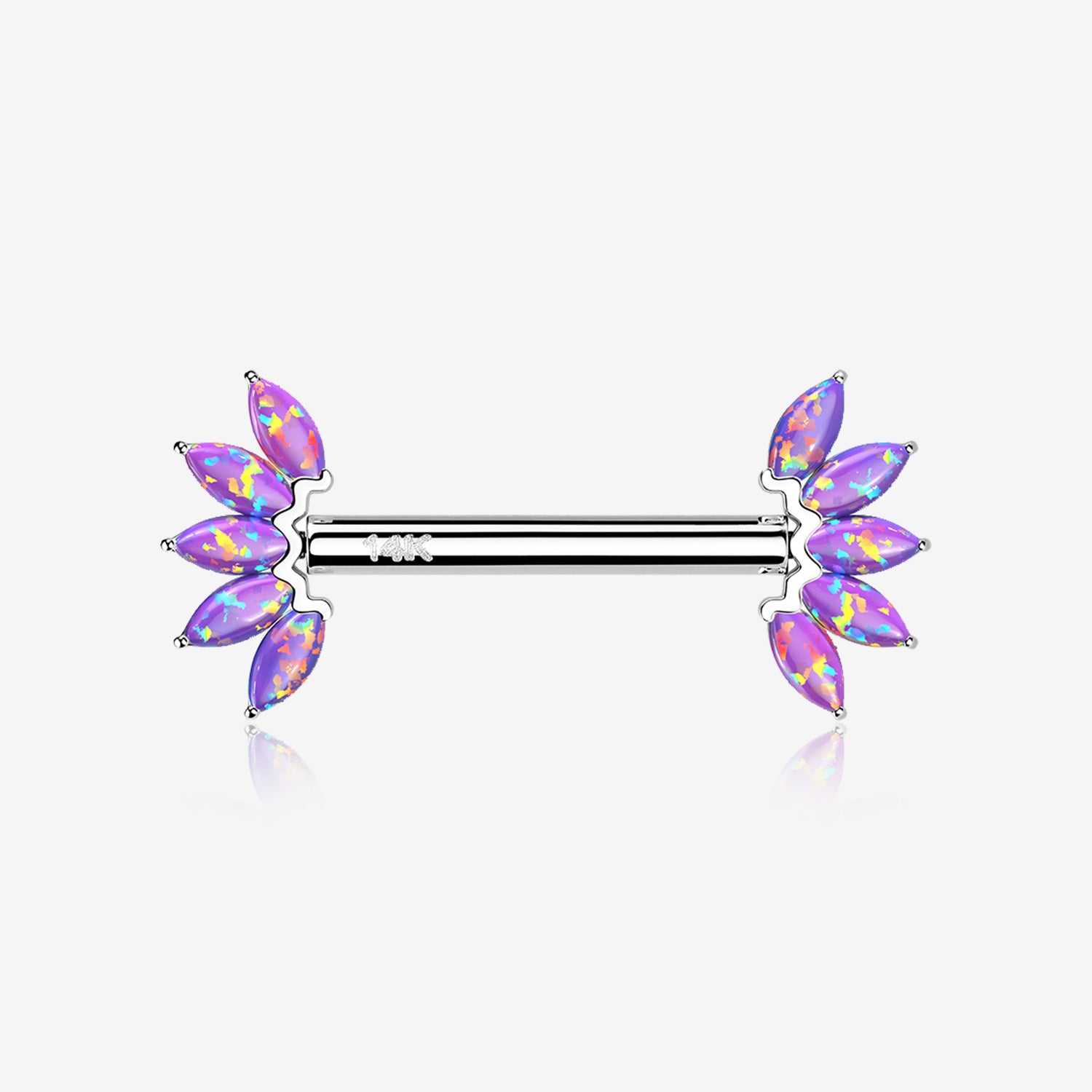 A Pair of 14 Karat White Gold OneFit Threadless Marquise Fire Opal Floral Nipple Barbell-Purple Opal